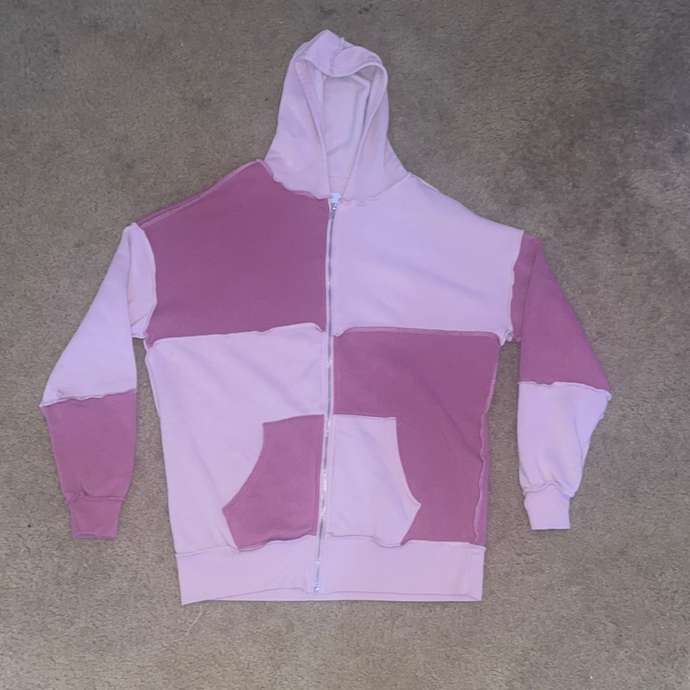 Pink color block zip up hoodie
